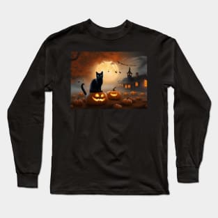 Black Cat in a pumpkin patch Long Sleeve T-Shirt